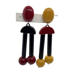 Vintage Yellow Red Black Plastic Pierced Earrings 80s 90s Statement Art‎ Deco